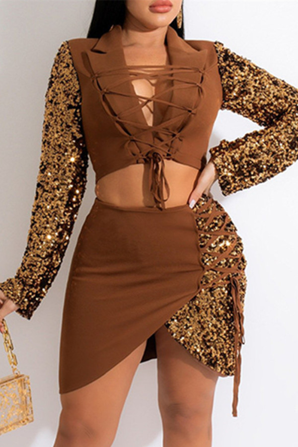 Brown Fashion Sexy Patchwork Sequins Strap Design Turndown Collar Long Sleeve Two Pieces