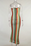 Multicolor Fashion Sexy Striped Print Backless Strapless Long Dress