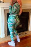 Green Sexy Print Mesh Half A Turtleneck Long Sleeve Two Pieces