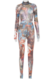Green Sexy Print Mesh Half A Turtleneck Long Sleeve Two Pieces