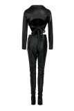 Burgundy Sexy Solid Patchwork Buckle Slit Asymmetrical Turndown Collar Long Sleeve Two Pieces