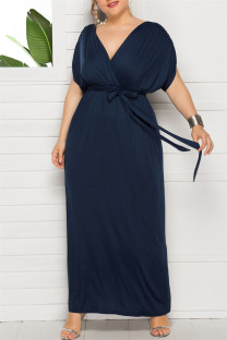 Deep Blue Fashion Casual Plus Size Solid Split Joint V Neck Long Dress