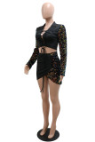Brown Fashion Sexy Patchwork Sequins Strap Design Turndown Collar Long Sleeve Two Pieces