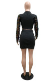 Brown Fashion Sexy Patchwork Sequins Strap Design Turndown Collar Long Sleeve Two Pieces