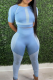 Light Blue Sexy Solid Patchwork O Neck Short Sleeve Two Pieces