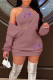 Purple Sexy Print Patchwork V Neck Long Sleeve Two Pieces
