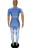Light Blue Sexy Solid Patchwork O Neck Short Sleeve Two Pieces