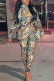 Green Sexy Print Mesh Half A Turtleneck Long Sleeve Two Pieces