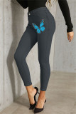 Dark Blue Fashion Casual Butterfly Print Basic Mid Waist Skinny Denim Jeans