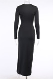 Black Fashion Sexy Solid Slit V Neck Long Sleeve Dresses