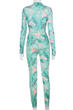 Green Sexy Print Mesh Half A Turtleneck Long Sleeve Two Pieces