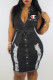 Black Fashion Street Print Ripped Turndown Collar One Step Skirt Dresses