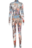 Green Sexy Print Mesh Half A Turtleneck Long Sleeve Two Pieces