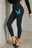 Dark Blue Fashion Casual Butterfly Print Basic Mid Waist Skinny Denim Jeans
