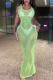 Green Sexy Solid Hollowed Out Patchwork See-through U Neck One Step Skirt Dresses