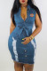 Light Blue Fashion Street Print Ripped Turndown Collar One Step Skirt Dresses