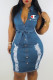 Light Blue Fashion Street Print Ripped Turndown Collar One Step Skirt Dresses