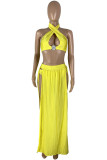 Yellow Sexy Solid Bandage Backless Slit Swimwears Three-piece Set