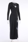 Black Fashion Sexy Solid Slit V Neck Long Sleeve Dresses