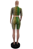 Green Fashion Sexy Gradual Change Not Positioning Printed See-through Half A Turtleneck Short Sleeve Two Pieces