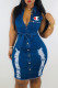 Deep Blue Fashion Street Print Ripped Turndown Collar One Step Skirt Dresses