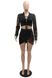 Brown Fashion Sexy Patchwork Sequins Strap Design Turndown Collar Long Sleeve Two Pieces