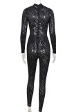 Black Fashion Sexy Patchwork Hollowed Out See-through Half A Turtleneck Skinny Jumpsuits
