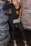 Red Sexy Solid Hollowed Out Sequins Patchwork Asymmetrical Half A Turtleneck Skinny Jumpsuits