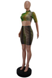 Green Fashion Sexy Gradual Change Not Positioning Printed See-through Half A Turtleneck Short Sleeve Two Pieces