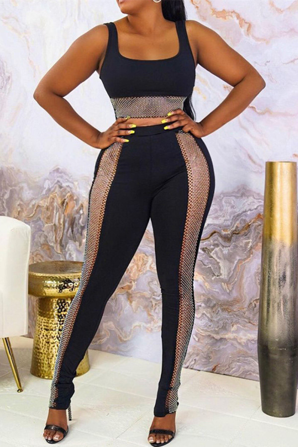 Black Fashion Sexy Patchwork Hollowed Out Vests Pants U Neck Sleeveless Two Pieces