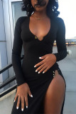 Black Fashion Sexy Solid Slit V Neck Long Sleeve Dresses