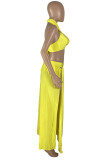 Yellow Sexy Solid Bandage Backless Slit Swimwears Three-piece Set