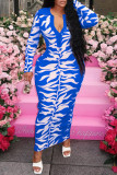Blue Fashion Sexy Print Buckle Turndown Collar Long Sleeve Plus Size Dresses