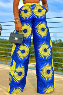 Blue Fashion Casual Print Basic Regular High Waist Straight Trousers