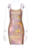 Gold Fashion Sexy Solid Bronzing Backless Spaghetti Strap Sleeveless Dress