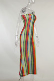 Multicolor Fashion Sexy Striped Print Backless Strapless Long Dress