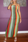 Multicolor Fashion Sexy Striped Print Backless Strapless Long Dress