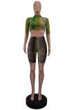 Green Fashion Sexy Gradual Change Not Positioning Printed See-through Half A Turtleneck Short Sleeve Two Pieces