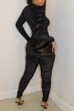 Black Fashion Sexy Patchwork Hollowed Out See-through Half A Turtleneck Skinny Jumpsuits