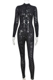 Black Fashion Sexy Patchwork Hollowed Out See-through Half A Turtleneck Skinny Jumpsuits