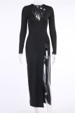 Black Fashion Sexy Solid Slit V Neck Long Sleeve Dresses