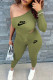 Green Fashion Street Print Asymmetrical One Shoulder Long Sleeve Two Pieces