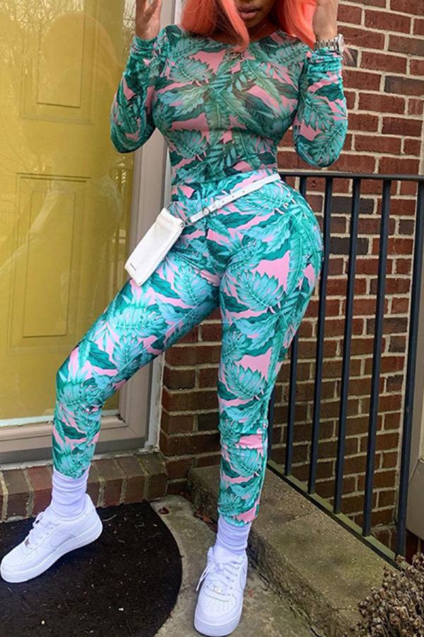 Green Sexy Print Mesh Half A Turtleneck Long Sleeve Two Pieces