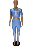 Light Blue Sexy Solid Patchwork O Neck Short Sleeve Two Pieces