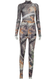 Green Sexy Print Mesh Half A Turtleneck Long Sleeve Two Pieces