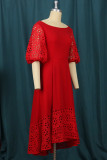 Red Fashion Casual Patchwork Solid Hollowed Out O Neck Long Dress