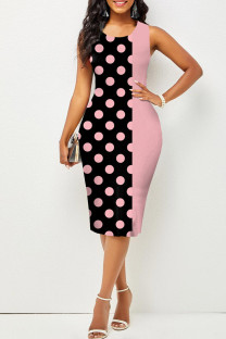 Black Pink Fashion Print Patchwork O Neck One Step Skirt Dresses