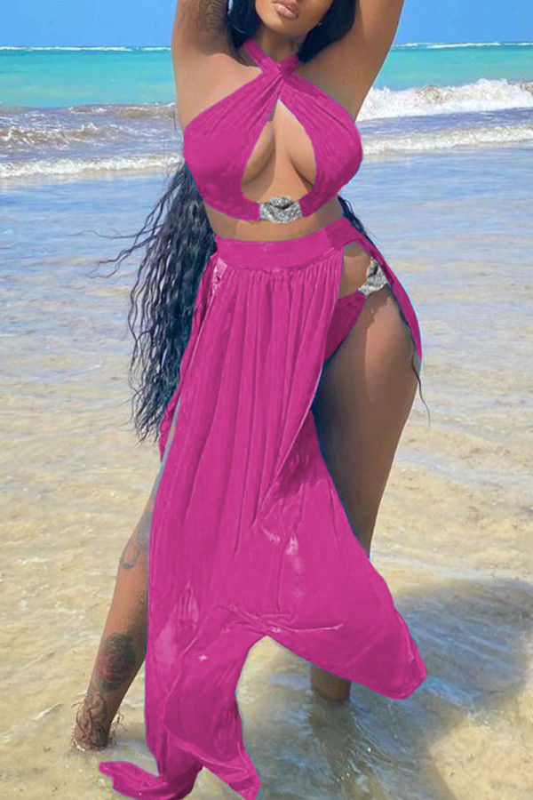 Rose Red Sexy Solid Bandage Backless Slit Swimwears Three-piece Set