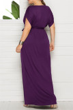 Purple Fashion Casual Plus Size Solid Split Joint V Neck Long Dress