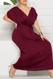Green Fashion Casual Plus Size Solid Split Joint V Neck Long Dress